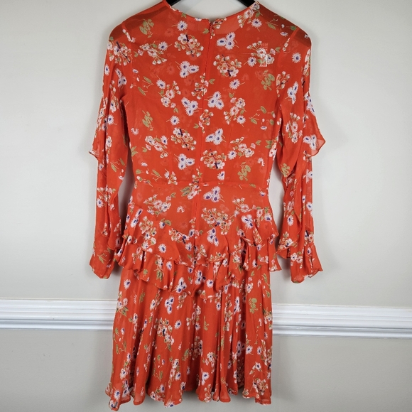 ASOS Crepe Sheer Peplum Ruffle Shoulder Dress Fully Lined Size 0 Red Floral 1518 - Picture 10 of 15